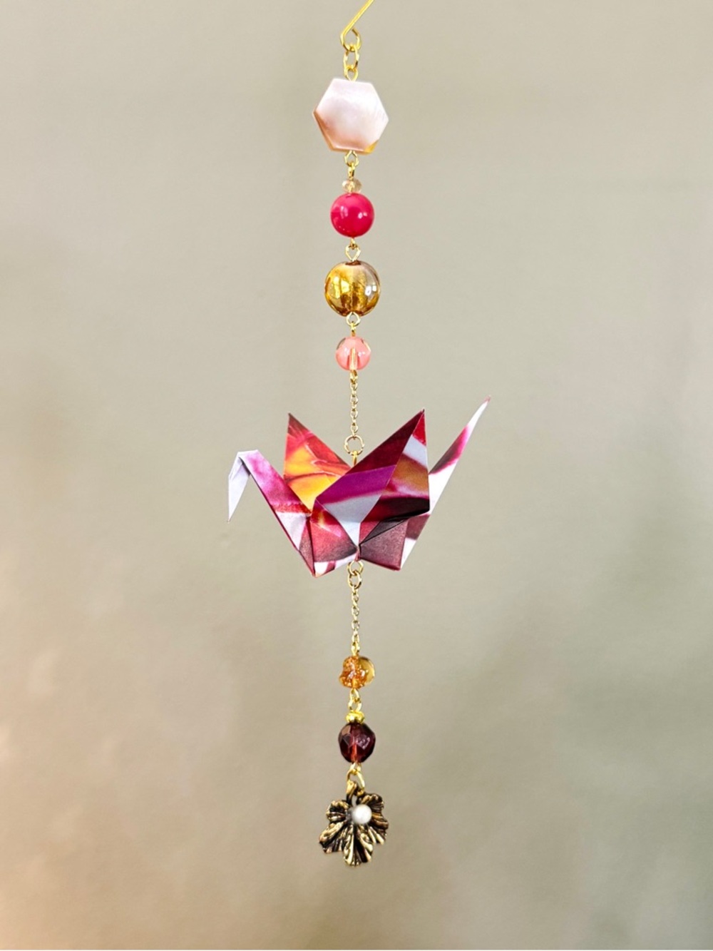 Origami Ornament #2491 - Medium Crane with Repurposed Beads and Charm